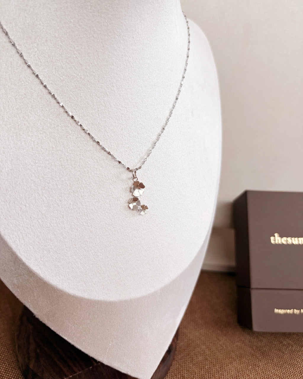 A silver-toned chain necklace with a small dangling pendant displayed on a white jewelry bust. A dark brown branded box sits to the right on a brown surface against a light wall.
