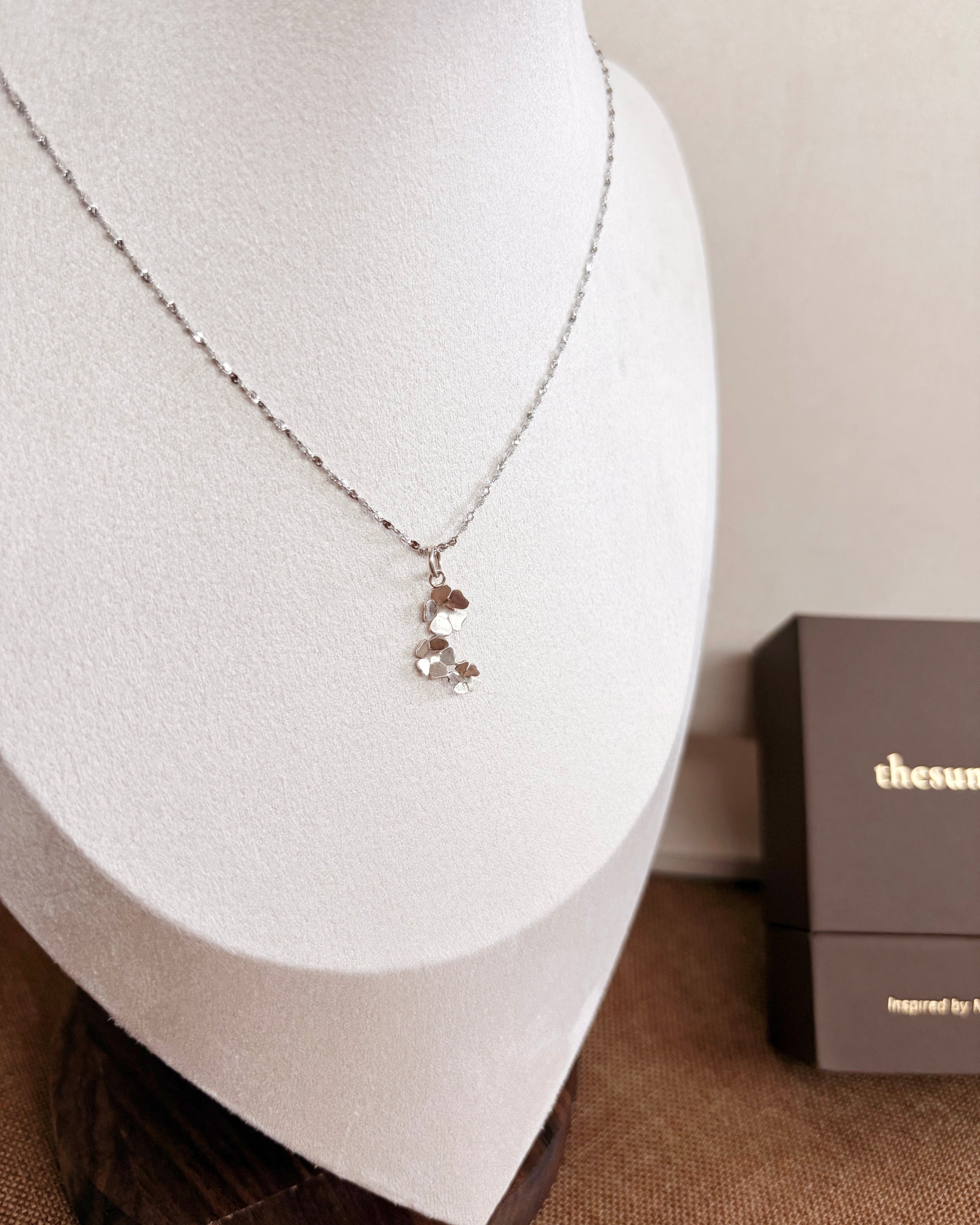 A silver-toned chain necklace with a small dangling pendant displayed on a white jewelry bust. A dark brown branded box sits to the right on a brown surface against a light wall.