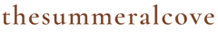 The image shows a digital graphic of the text 'thesummeralcove' in a warm brown serif typeface on a solid white background.