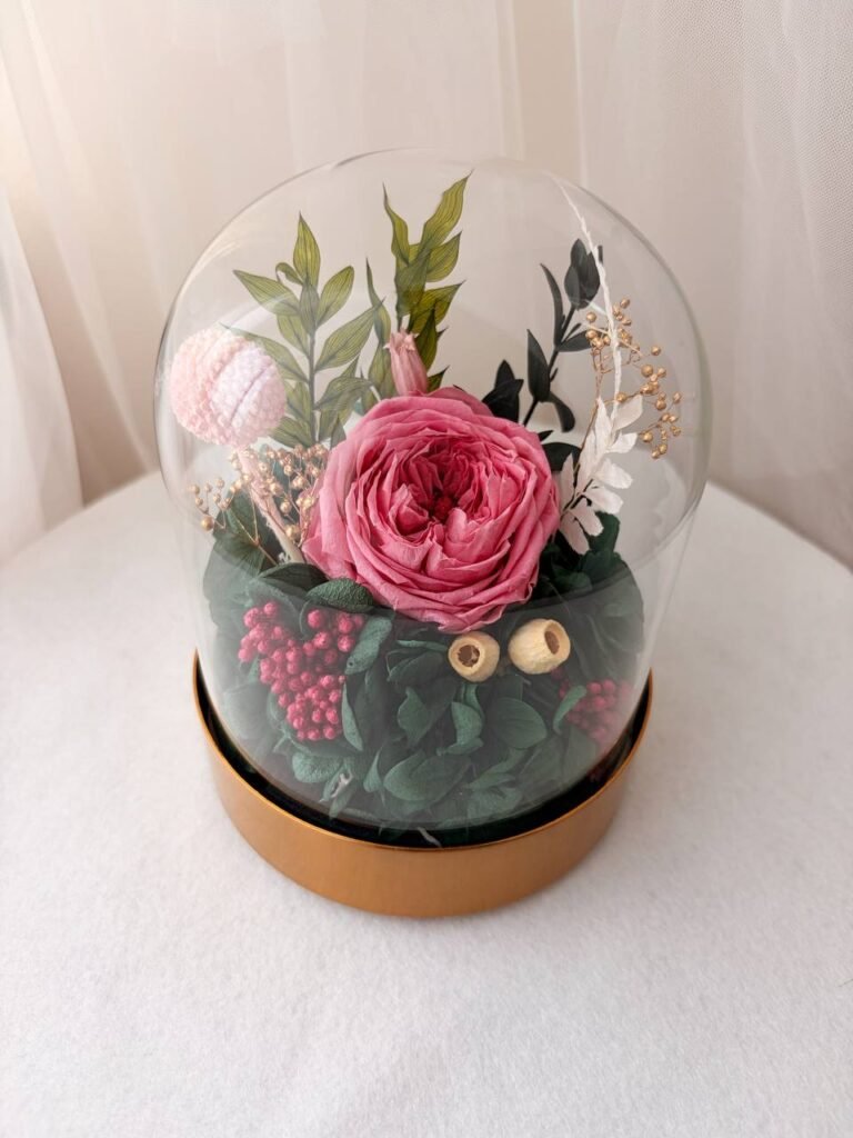 Premium Deep Pink Floral Glass Dome (Gold Base) $129