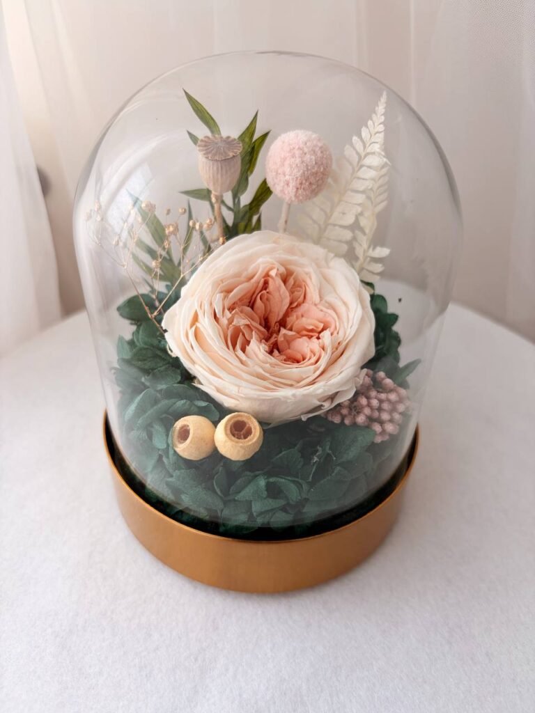 Premium Peach Floral Glass Dome (Gold Base) $129