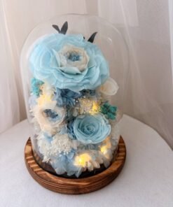 Blue Rose Glass Dome with Fairy Lights (Wooden Base)