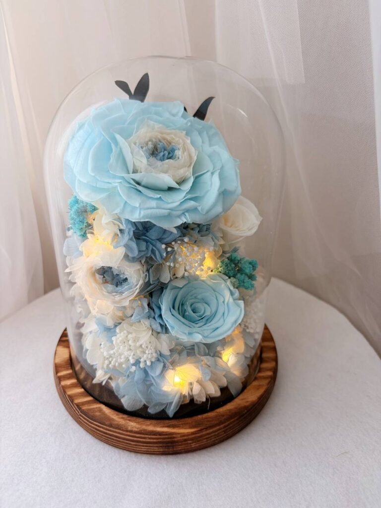 Blue Rose Floral Glass Dome with Fairy Lights (Wooden Base) $69