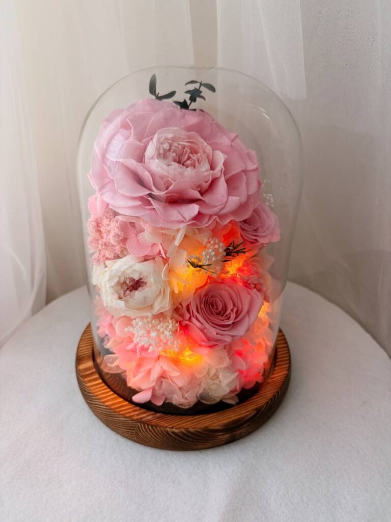 Pink Rose Floral Glass Dome with Fairy Lights (Wooden Base) $69