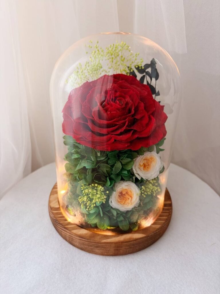 Red Rose Floral Glass Dome with Fairy Lights (Wooden Base)  $69